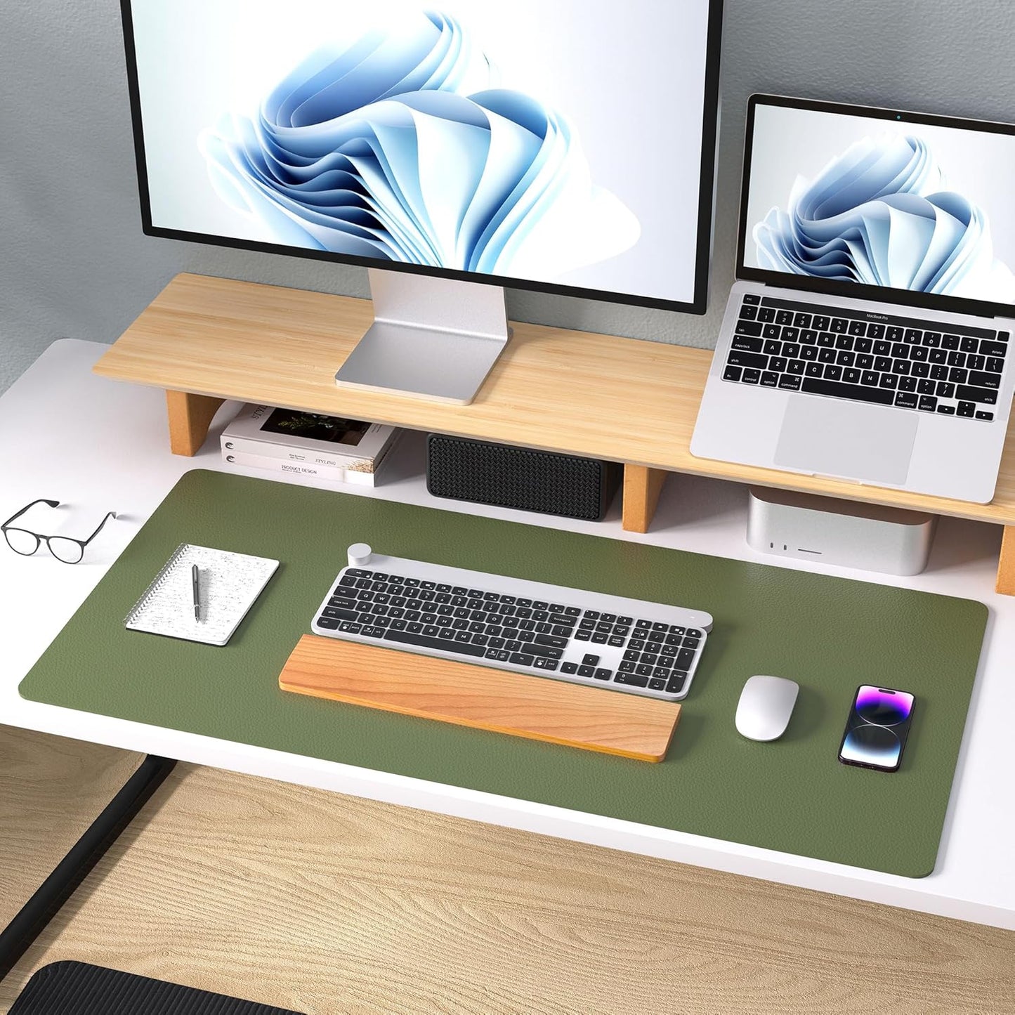 Leather Desk Pad Protector,Mouse Pad,Office Desk Mat, Non-Slip PU Leather Desk Blotter,Laptop Desk Pad,Waterproof Desk Writing Pad for Office and Home (31.5" X 15.7",Olive Green)