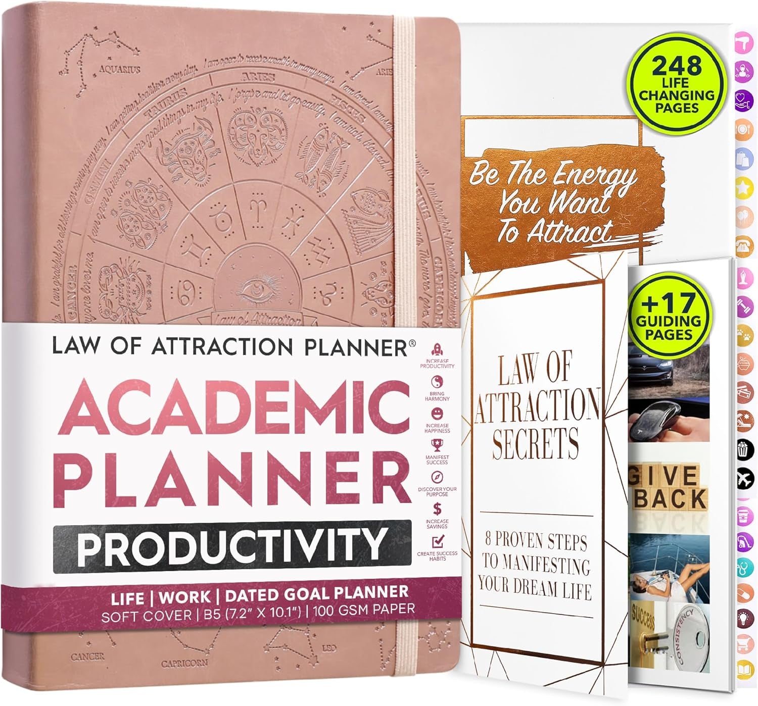 Law of Attraction Academic Planner 2023 - Deluxe July 2023-2024 Dated Weekly & Monthly Planner, Increase Productivity & Happiness, Daily Manifestation Journal - Life, Work, Goal Journal & Stickers, B5