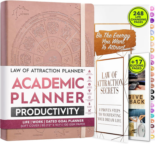 Law of Attraction Academic Planner 2023 - Deluxe July 2023-2024 Dated Weekly & Monthly Planner, Increase Productivity & Happiness, Daily Manifestation Journal - Life, Work, Goal Journal & Stickers, B5