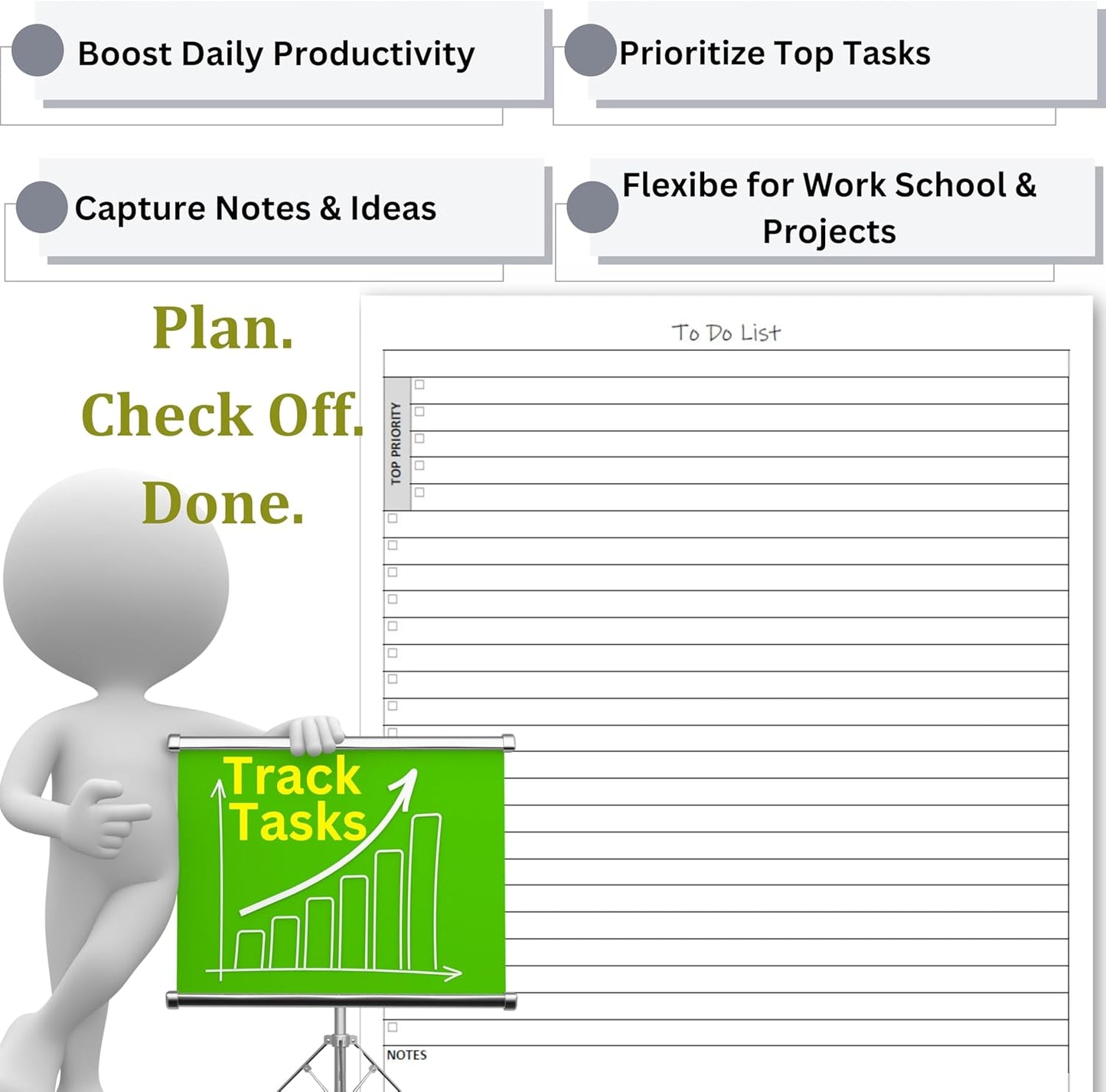 TO DO List Planner Notepad, 50 Page Planning Pad. Undated Todo Checklist W/Priority & Note Sections. Organize & Track Projects, Clients or Daily Tasks. 8.5 X 11, A4 Sheets.