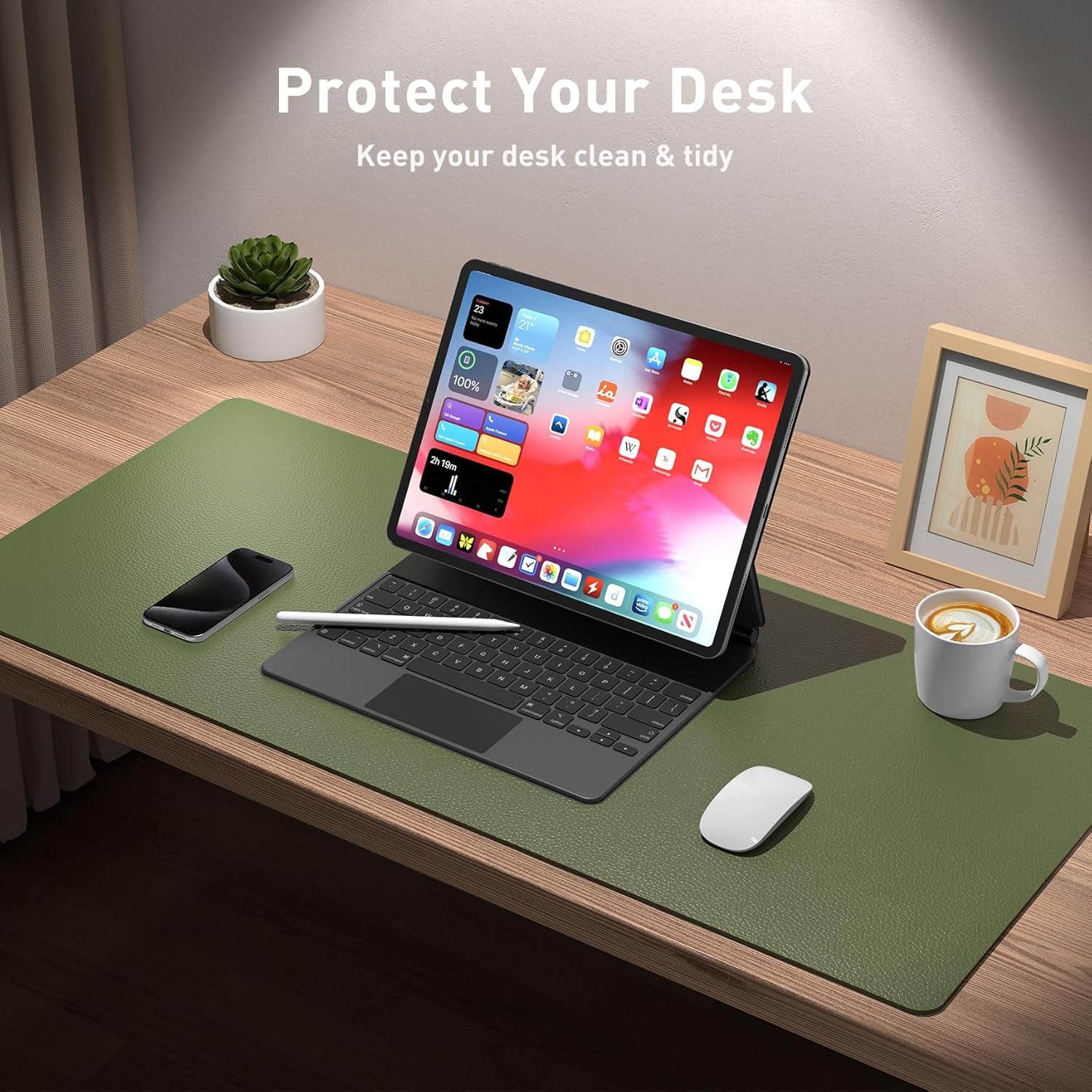 Leather Desk Pad Protector,Mouse Pad,Office Desk Mat, Non-Slip PU Leather Desk Blotter,Laptop Desk Pad,Waterproof Desk Writing Pad for Office and Home (31.5" X 15.7",Olive Green)