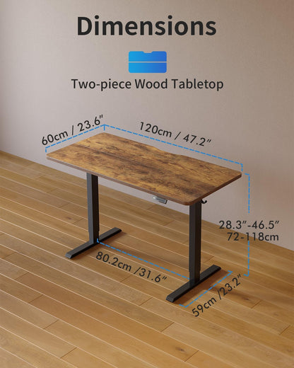 Height Adjustable Electric Standing Desk, 48 X 24 Inches Stand up Table, Sit Stand Home Office Desk with Splice Board, Black Frame/Rustic Brown Top