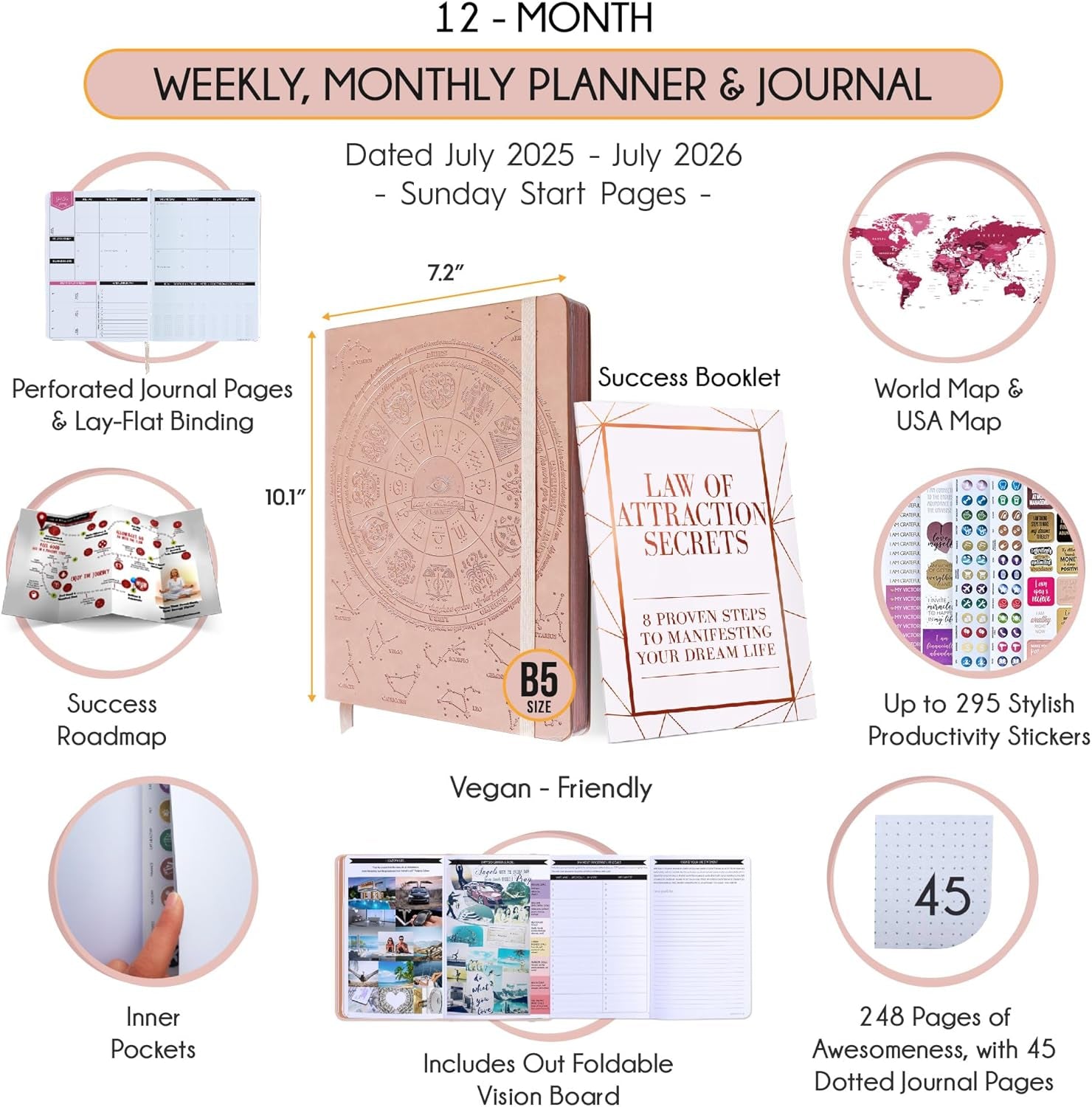 Law of Attraction Academic Planner 2023 - Deluxe July 2023-2024 Dated Weekly & Monthly Planner, Increase Productivity & Happiness, Daily Manifestation Journal - Life, Work, Goal Journal & Stickers, B5