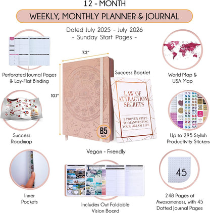 Law of Attraction Academic Planner 2023 - Deluxe July 2023-2024 Dated Weekly & Monthly Planner, Increase Productivity & Happiness, Daily Manifestation Journal - Life, Work, Goal Journal & Stickers, B5